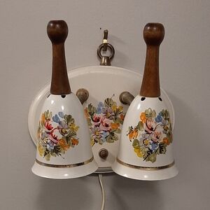 Rare VTG Double Gooseneck Hanging Wall Lamp Handpainted Metal Heads Wood Base